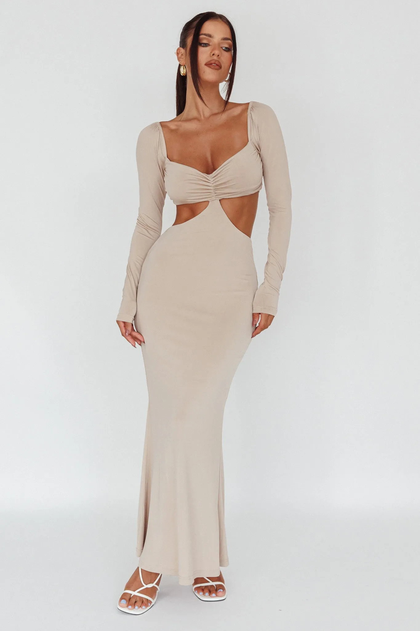 Vienna Long Sleeve Cut-Out Waist Maxi Dress Oat sold by Selfie Leslie product image thumbnail 4