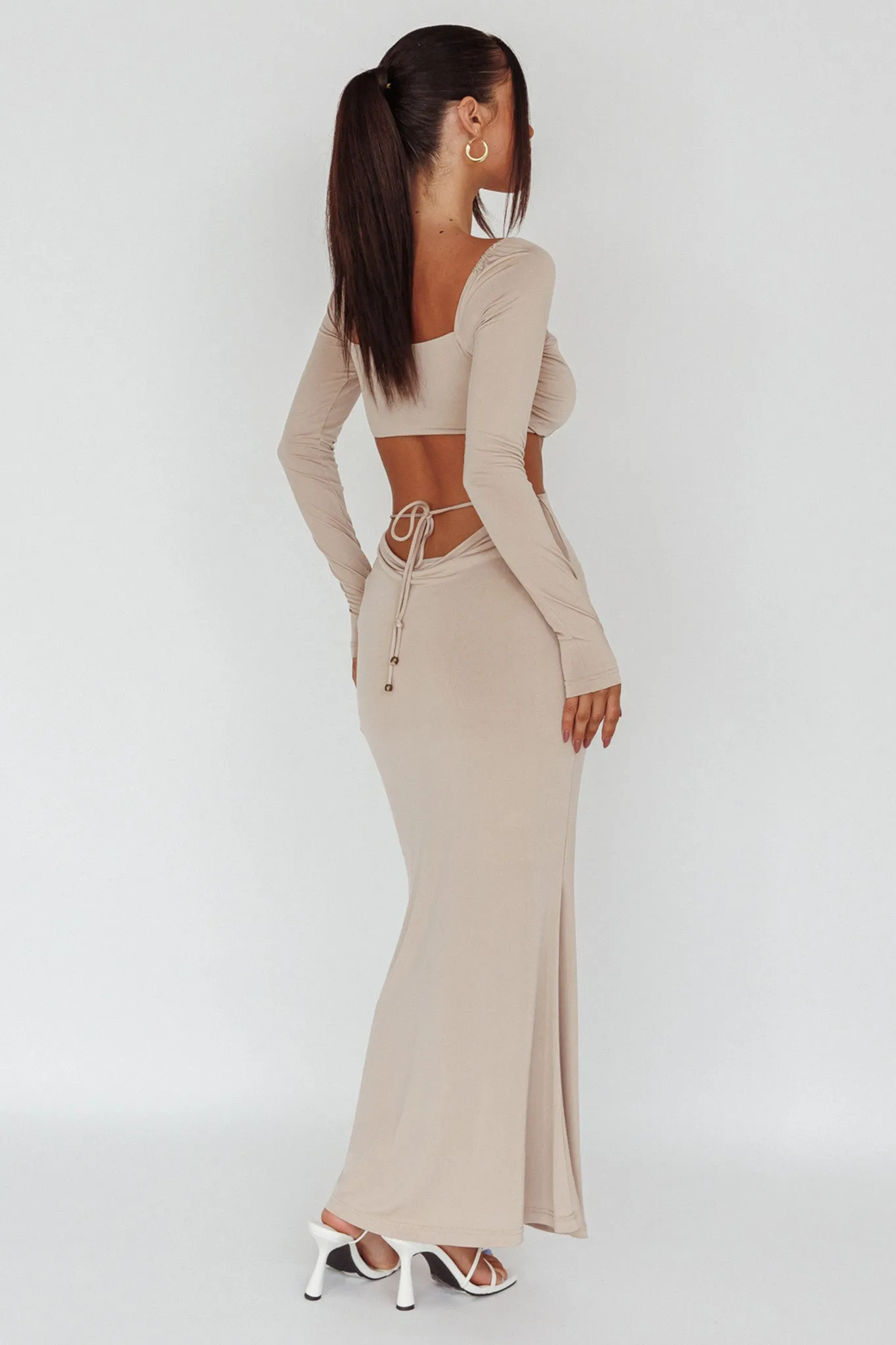 Vienna Long Sleeve Cut-Out Waist Maxi Dress Oat sold by Selfie Leslie product image thumbnail 2