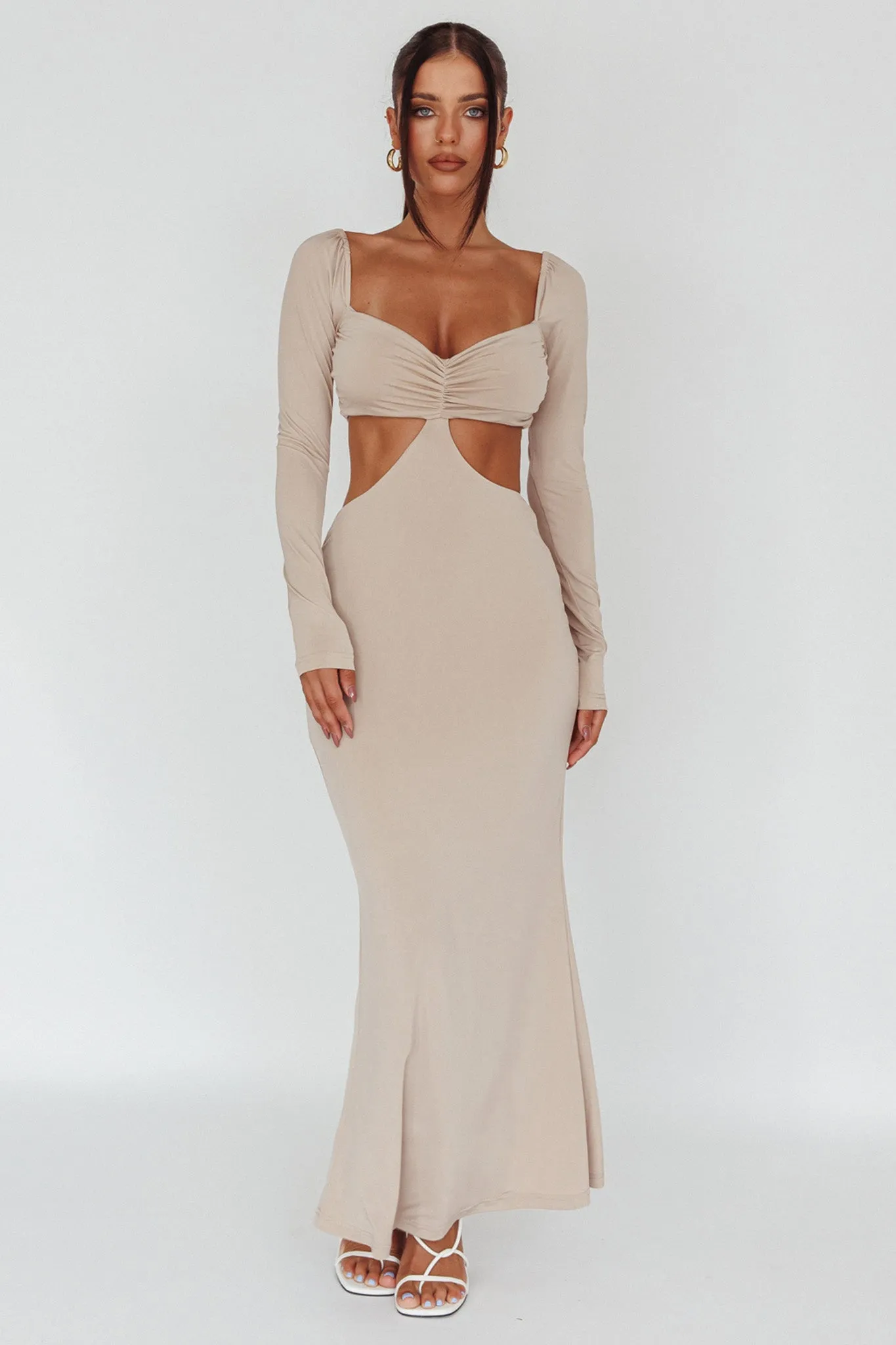 Vienna Long Sleeve Cut-Out Waist Maxi Dress Oat sold by Selfie Leslie