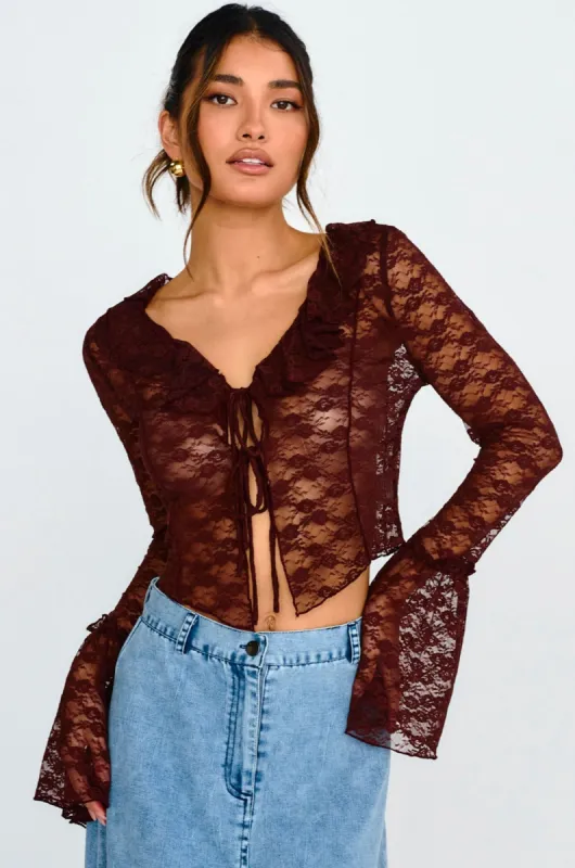 Siren Long Sleeve Tied Lace Top Brown sold by Selfie Leslie