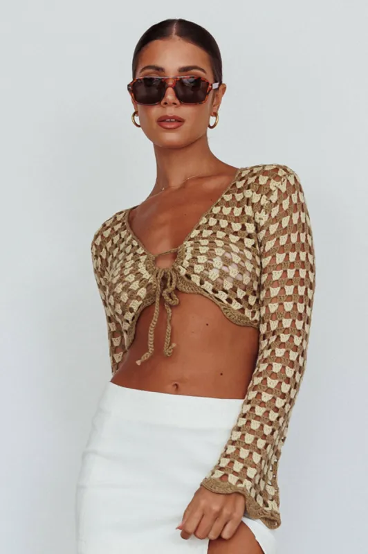 Maycie Long Sleeve Crochet Crop Top Taupe Multi sold by Selfie Leslie