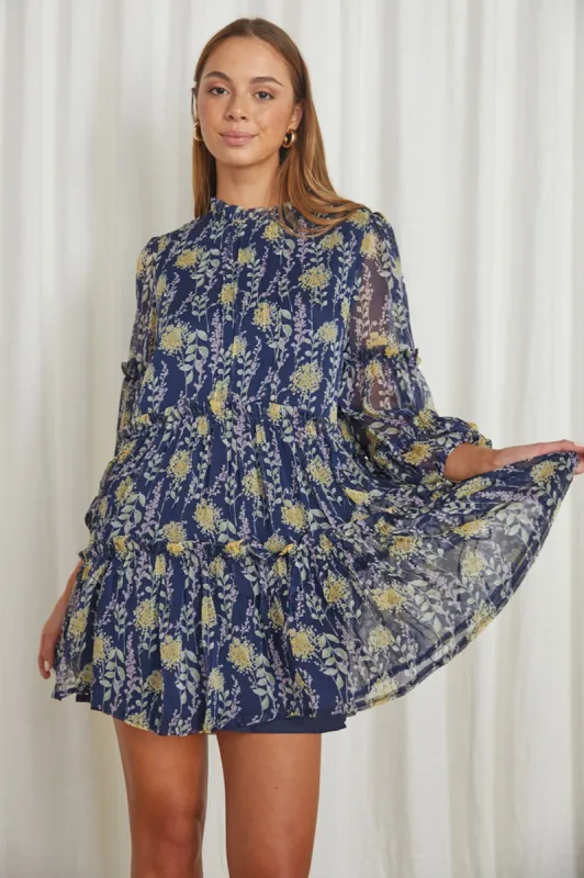 Beatrix High Neck Balloon Sleeve Dress Floral Midnight Blue sold by Selfie Leslie
