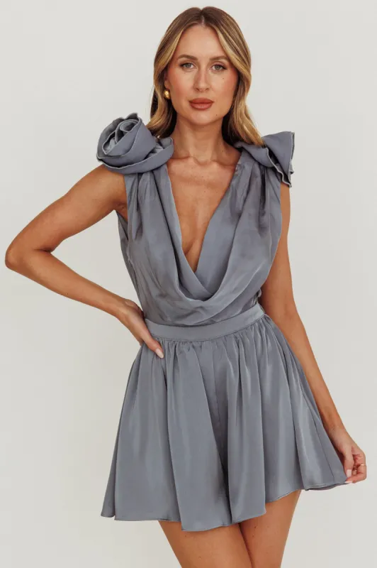 Hallie Cowl Neck Rosette Romper Cement sold by Selfie Leslie