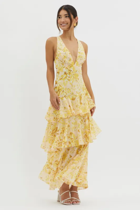 Veda Strappy Back Ruffle Midi Dress Floral Yellow sold by Selfie Leslie