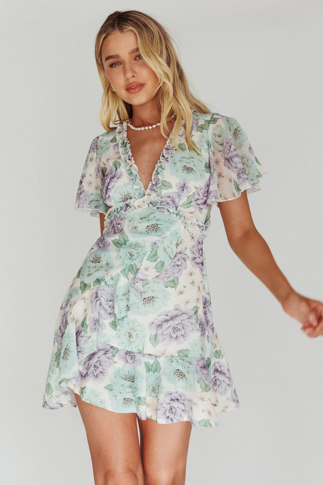 Laney Angel Sleeve Ruffle Dress Floral White sold by Selfie Leslie