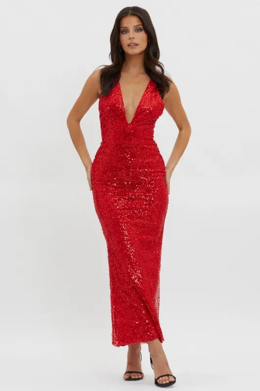 Glitter Nights Plunging Neckline Sequin Dress Red sold by Selfie Leslie