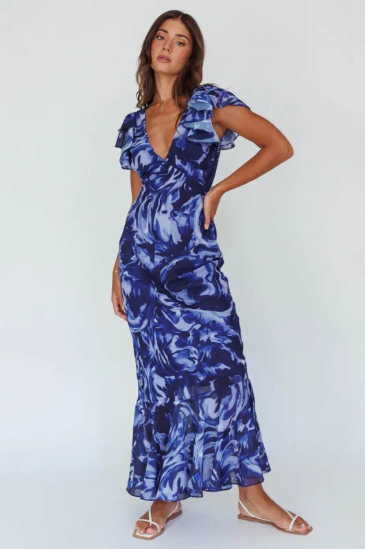 Lydiah Ruffle Sleeve Maxi Dress Floral Blue sold by Selfie Leslie