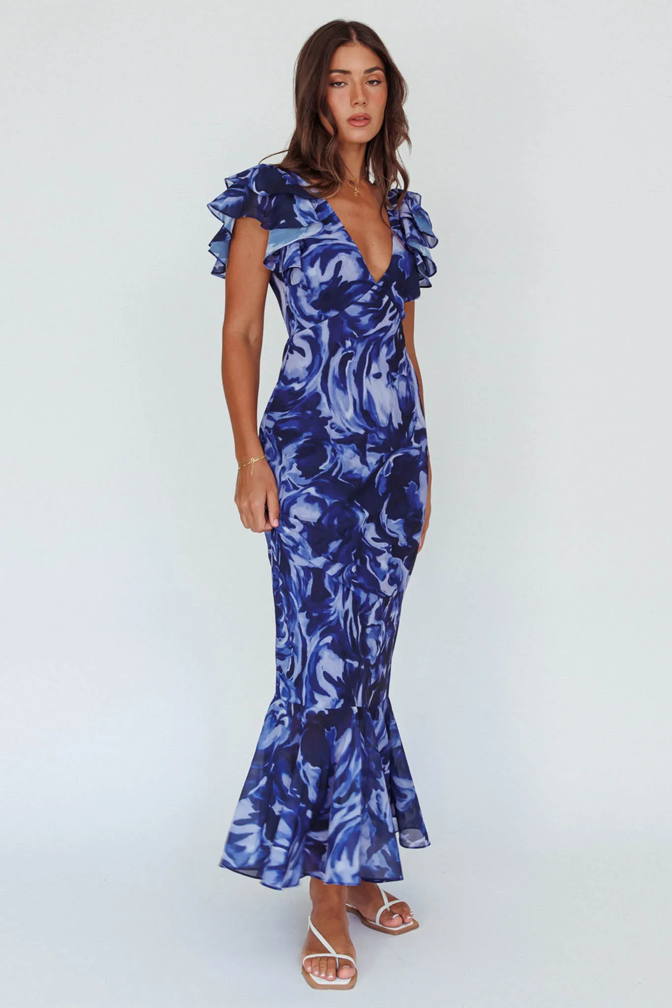 Lydiah Ruffle Sleeve Maxi Dress Floral Blue sold by Selfie Leslie product image thumbnail 3