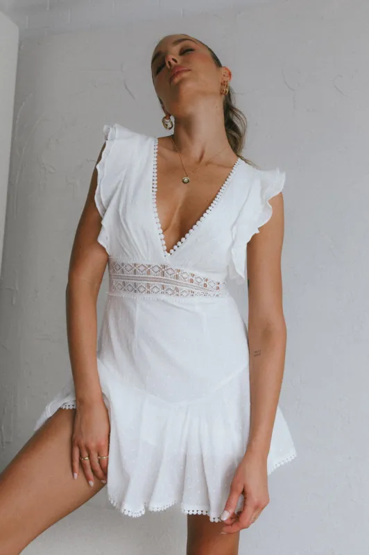 Idyllwild Ruffle Shoulder Mini Dress Off White sold by Selfie Leslie