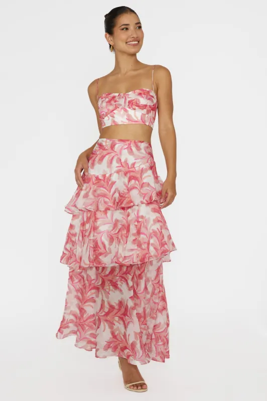 Veda Tiered Ruffle Maxi Skirt Floral Pink sold by Selfie Leslie