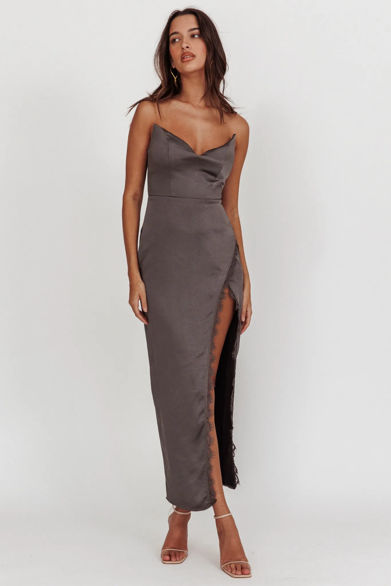 Winter Moon Strapless Lace Trim Midi Dress Charcoal sold by Selfie Leslie product image thumbnail 3