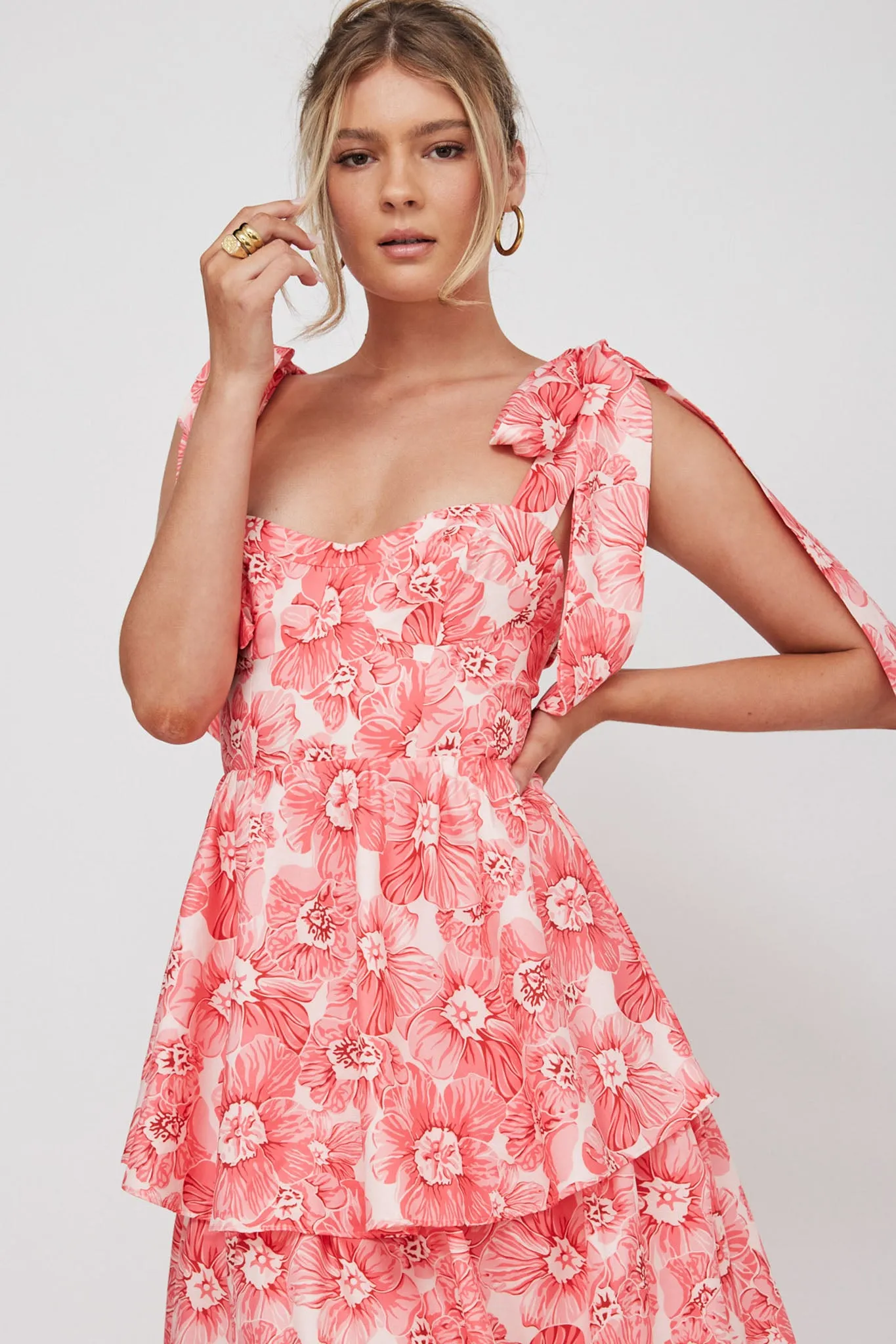 Arlowe Tied Shoulder Tiered Midi Dress Floral Pink sold by Selfie Leslie product image thumbnail 5