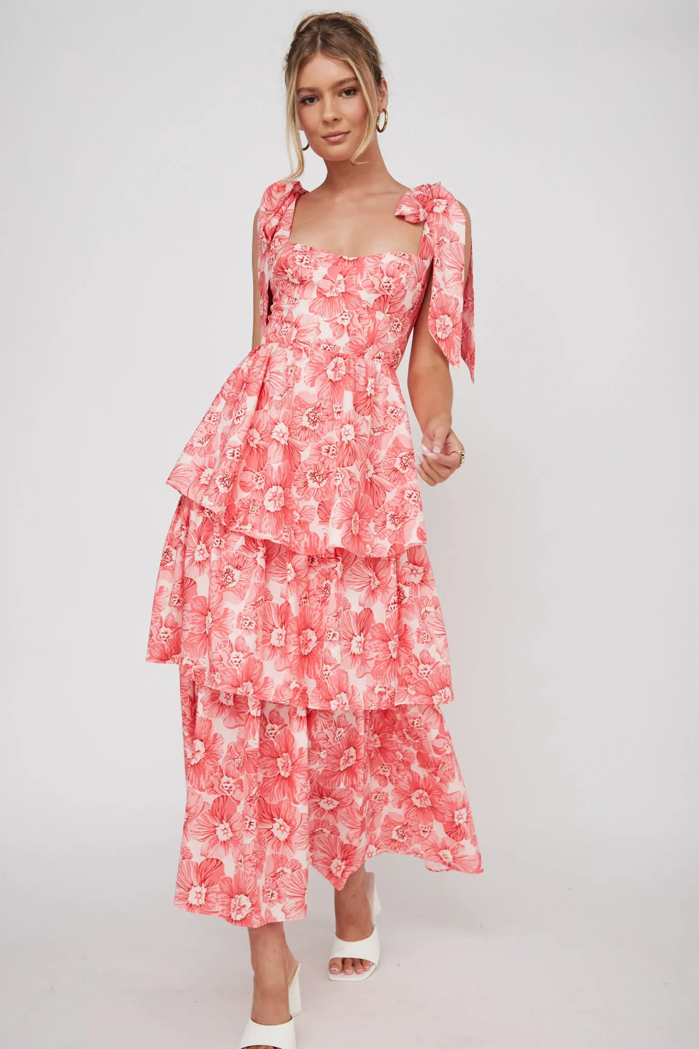 Arlowe Tied Shoulder Tiered Midi Dress Floral Pink sold by Selfie Leslie