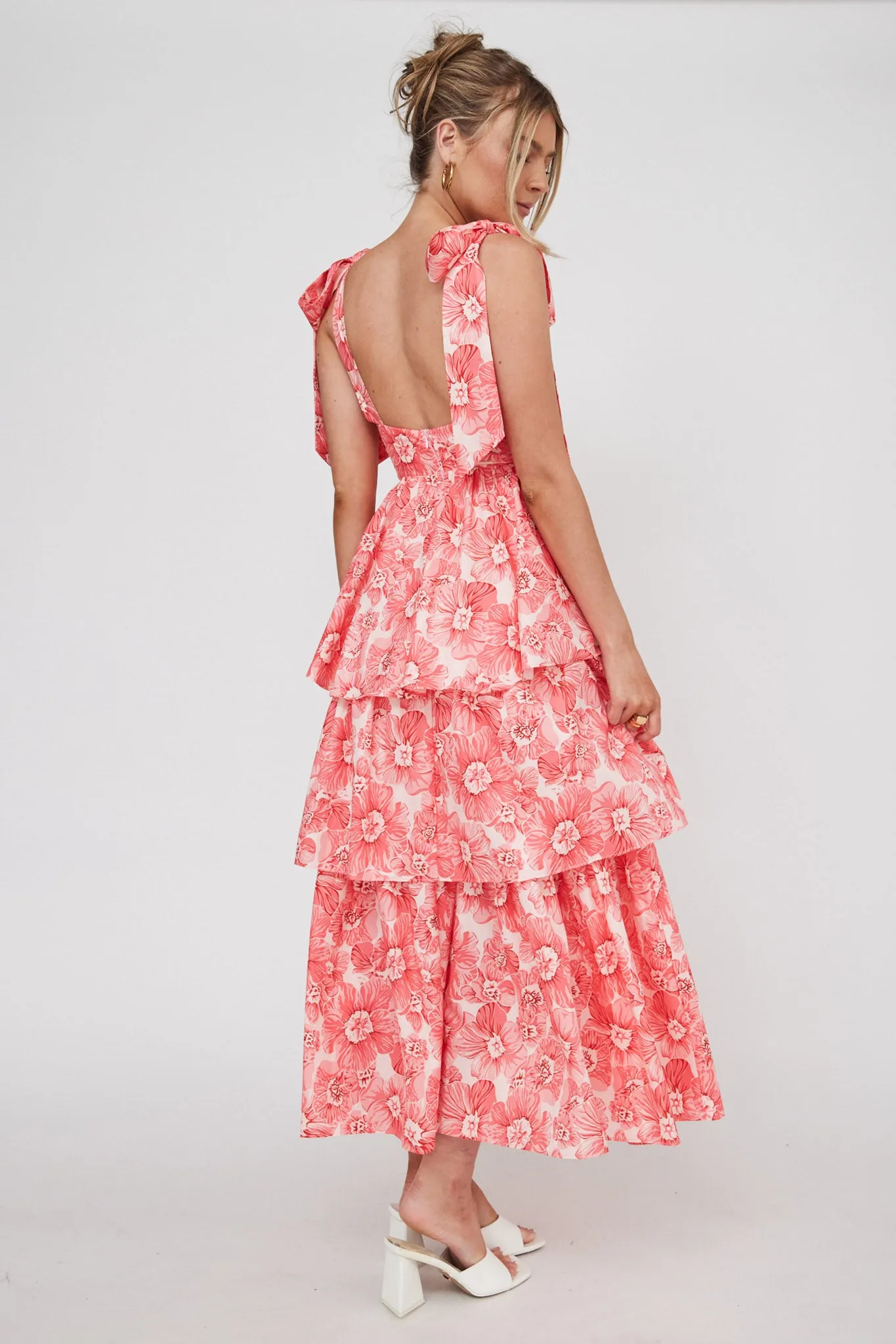 Arlowe Tied Shoulder Tiered Midi Dress Floral Pink sold by Selfie Leslie product image thumbnail 2
