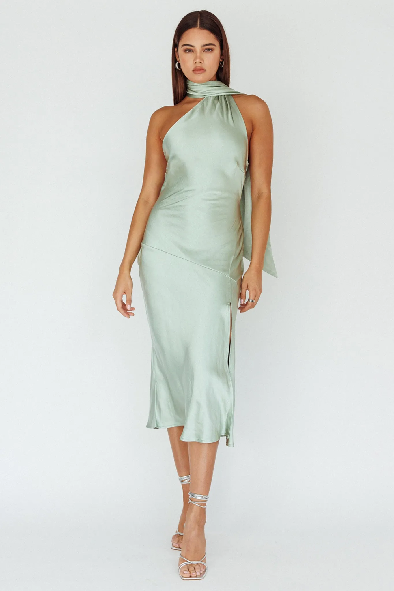 Italian Summer Tie Neck Midi Dress Sage sold by Selfie Leslie