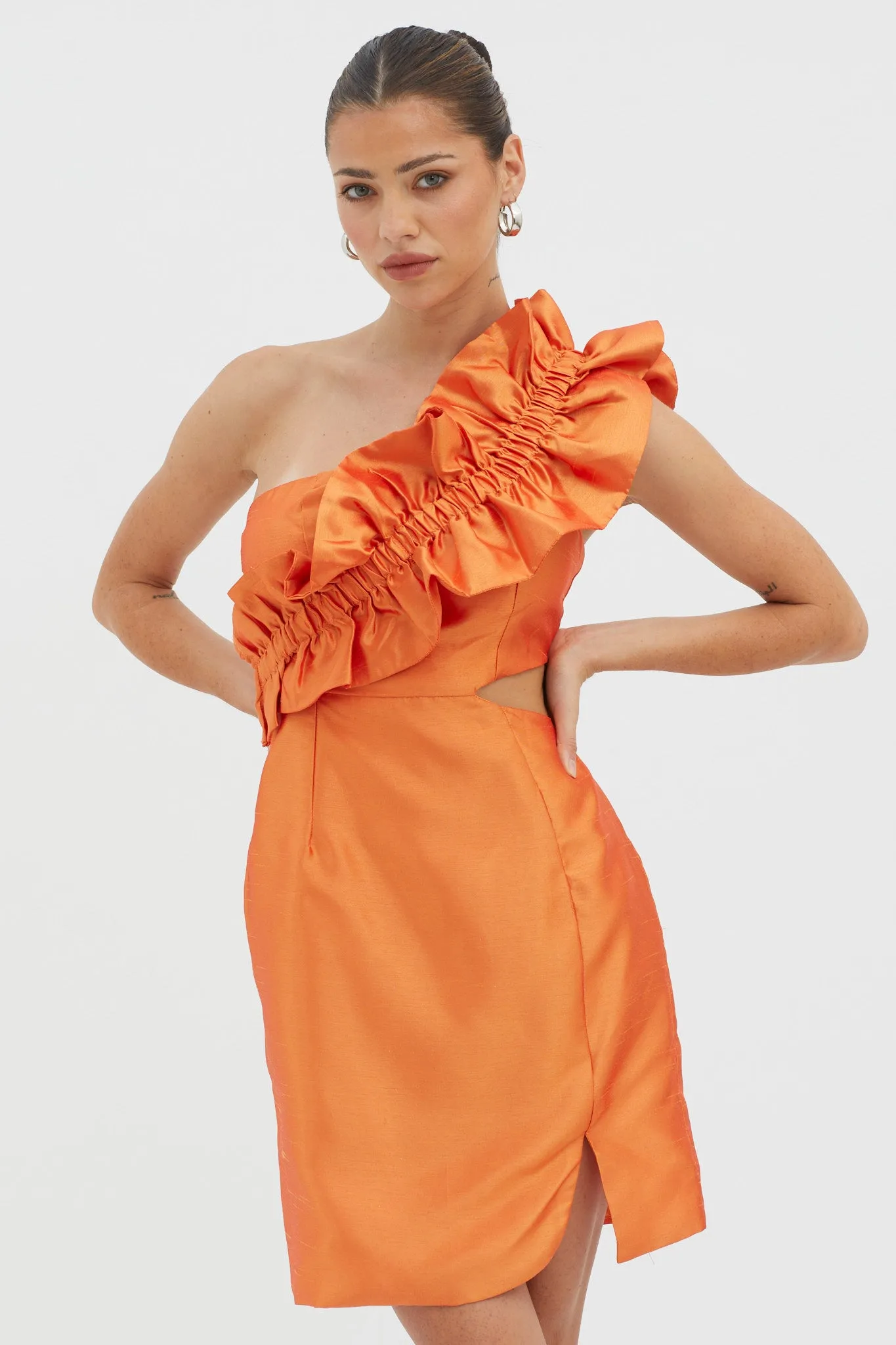 NY Moment Wide Ruffle Shoulder Mini Dress Orange sold by Selfie Leslie