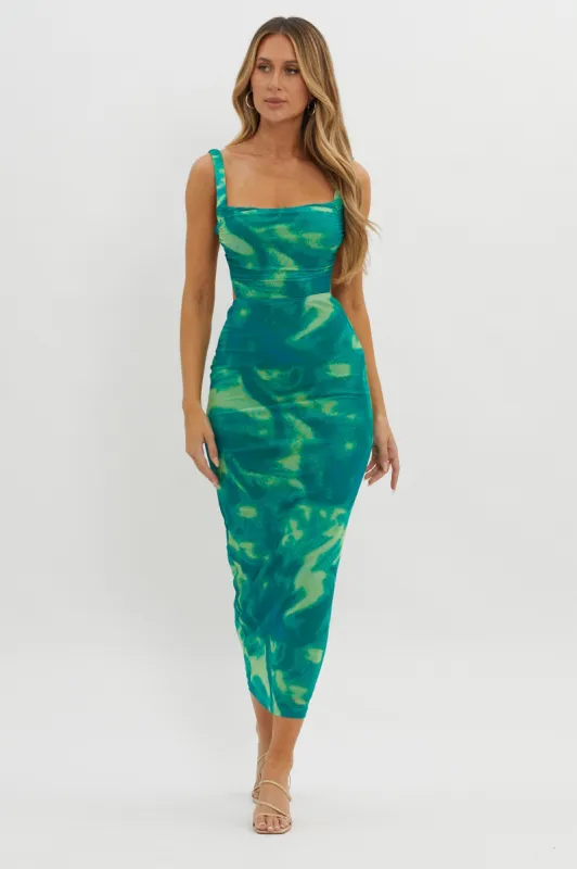 Dream Crush Lace-Up Back Side Split Maxi Dress Swirl Green sold by Selfie Leslie