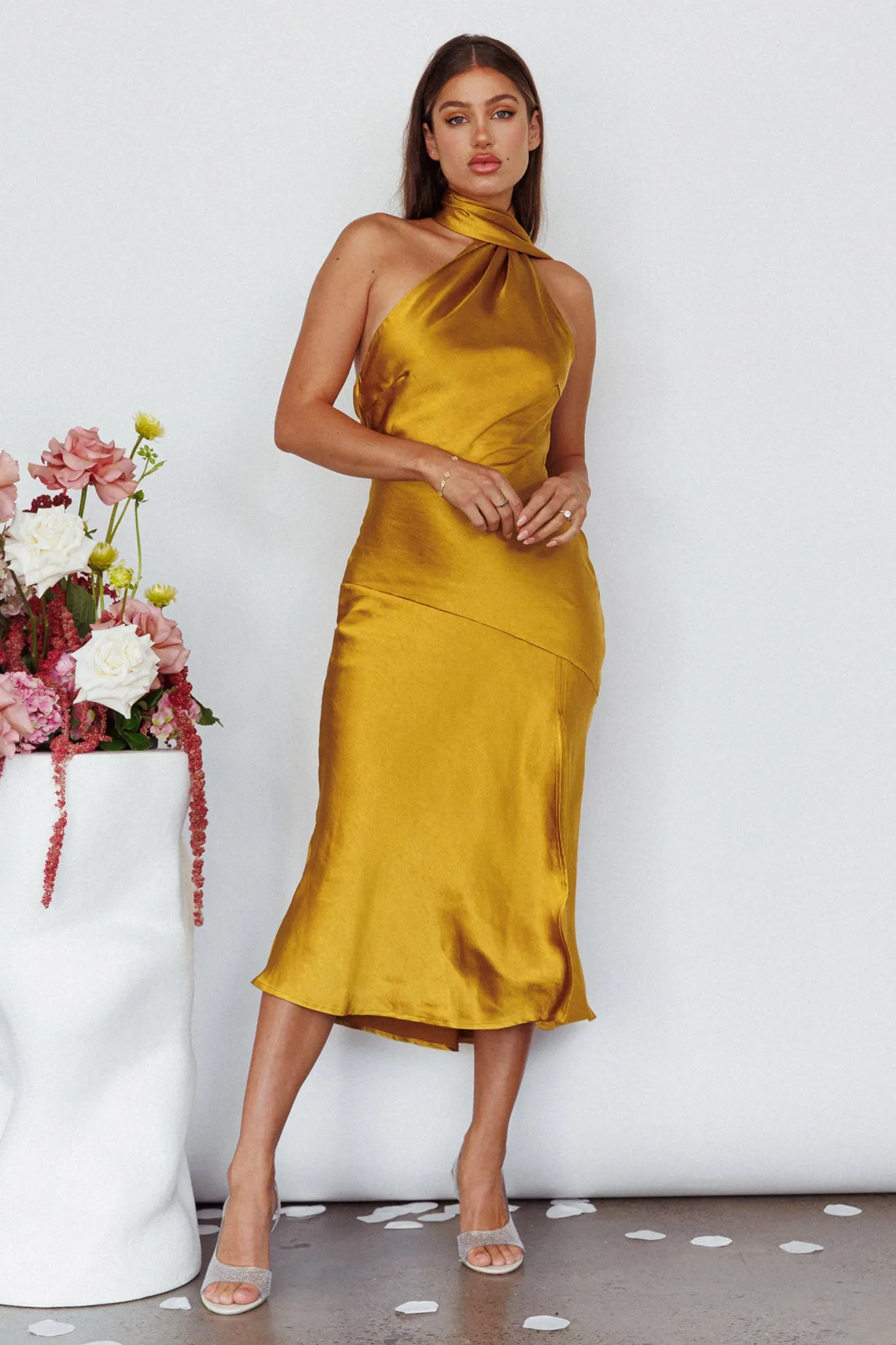 Italian Summer Tie Neck Midi Dress Mustard sold by Selfie Leslie product image thumbnail 3