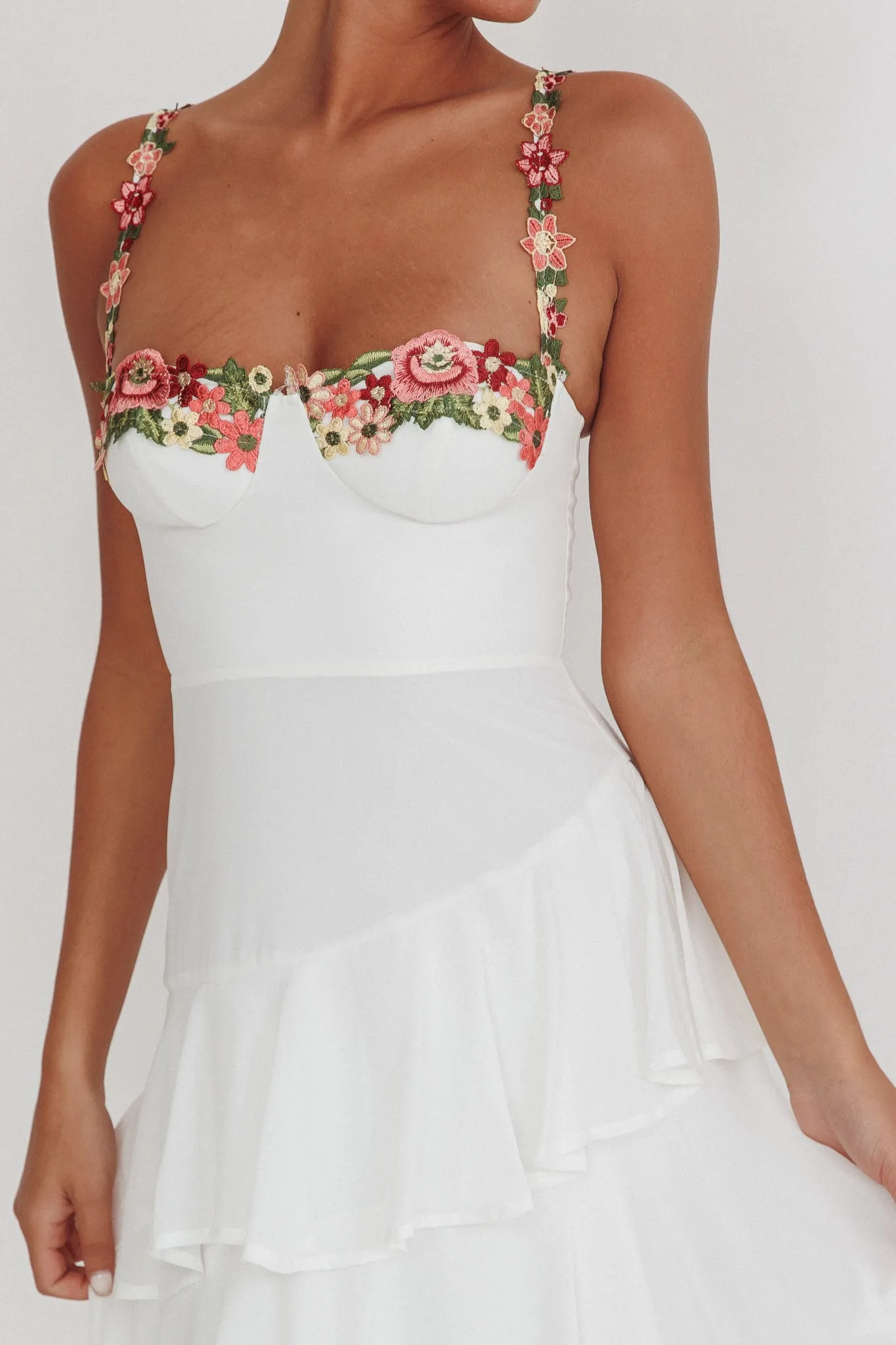 Rose Garden Tiered Ruffle Floral Trim Maxi Dress White sold by Selfie Leslie product image thumbnail 4