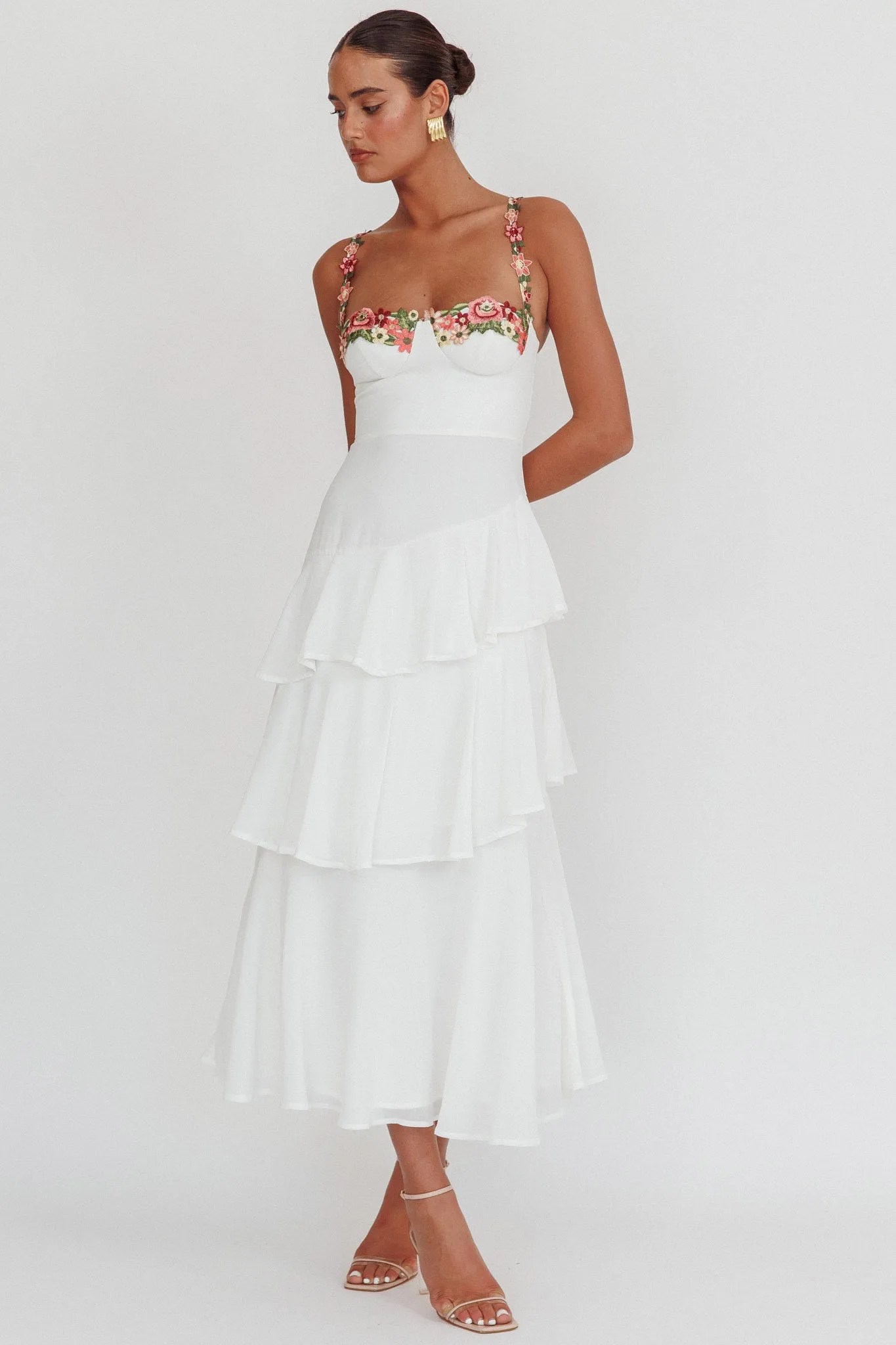 Rose Garden Tiered Ruffle Floral Trim Maxi Dress White sold by Selfie Leslie product image thumbnail 5