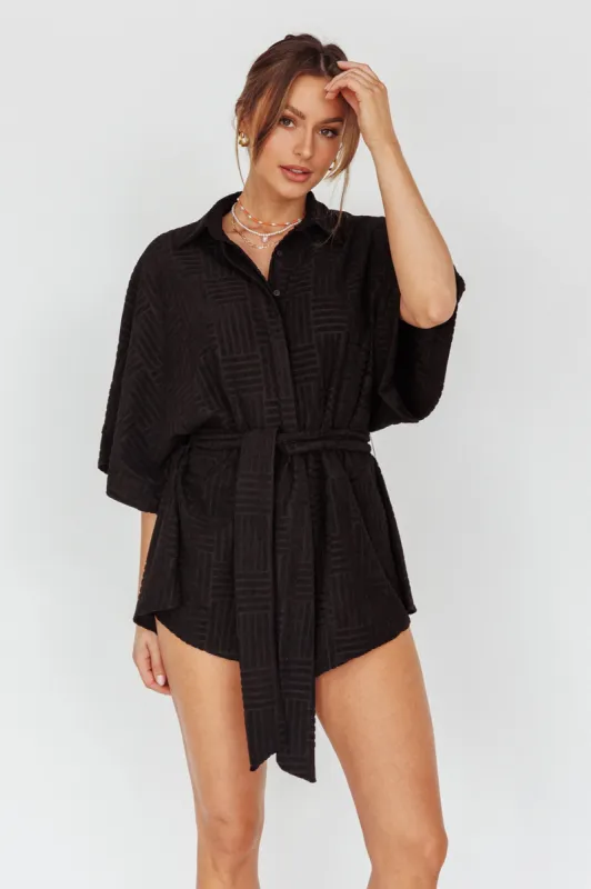Daytona Beach Button-Up Romper Textured Black sold by Selfie Leslie