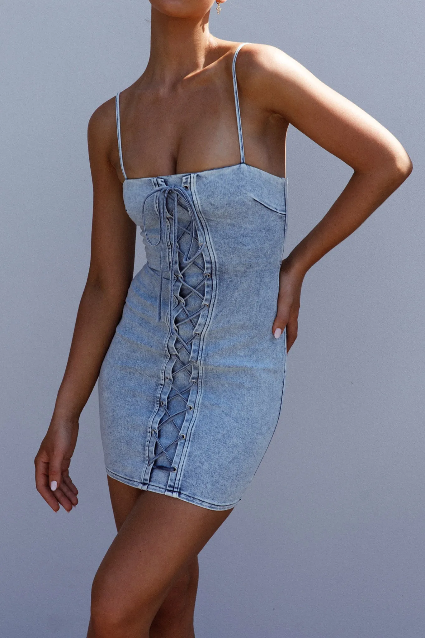Don't Try Me Lace Up Mini Dress Denim sold by Selfie Leslie