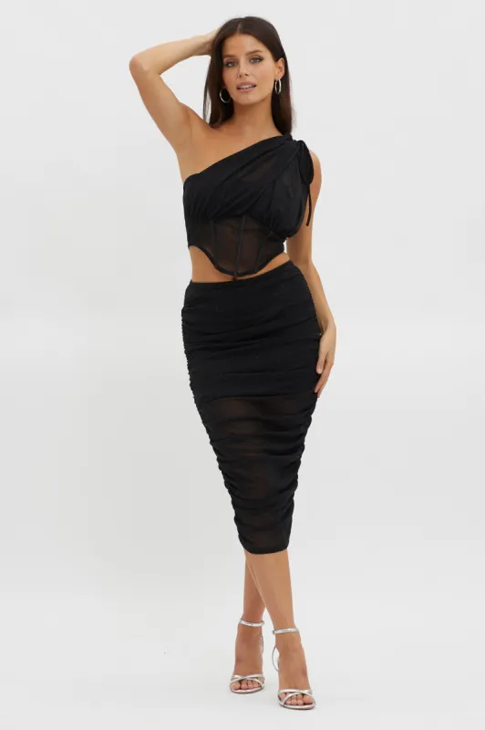 Maddisan Ruched Glitter Mesh Midi Skirt Black sold by Selfie Leslie