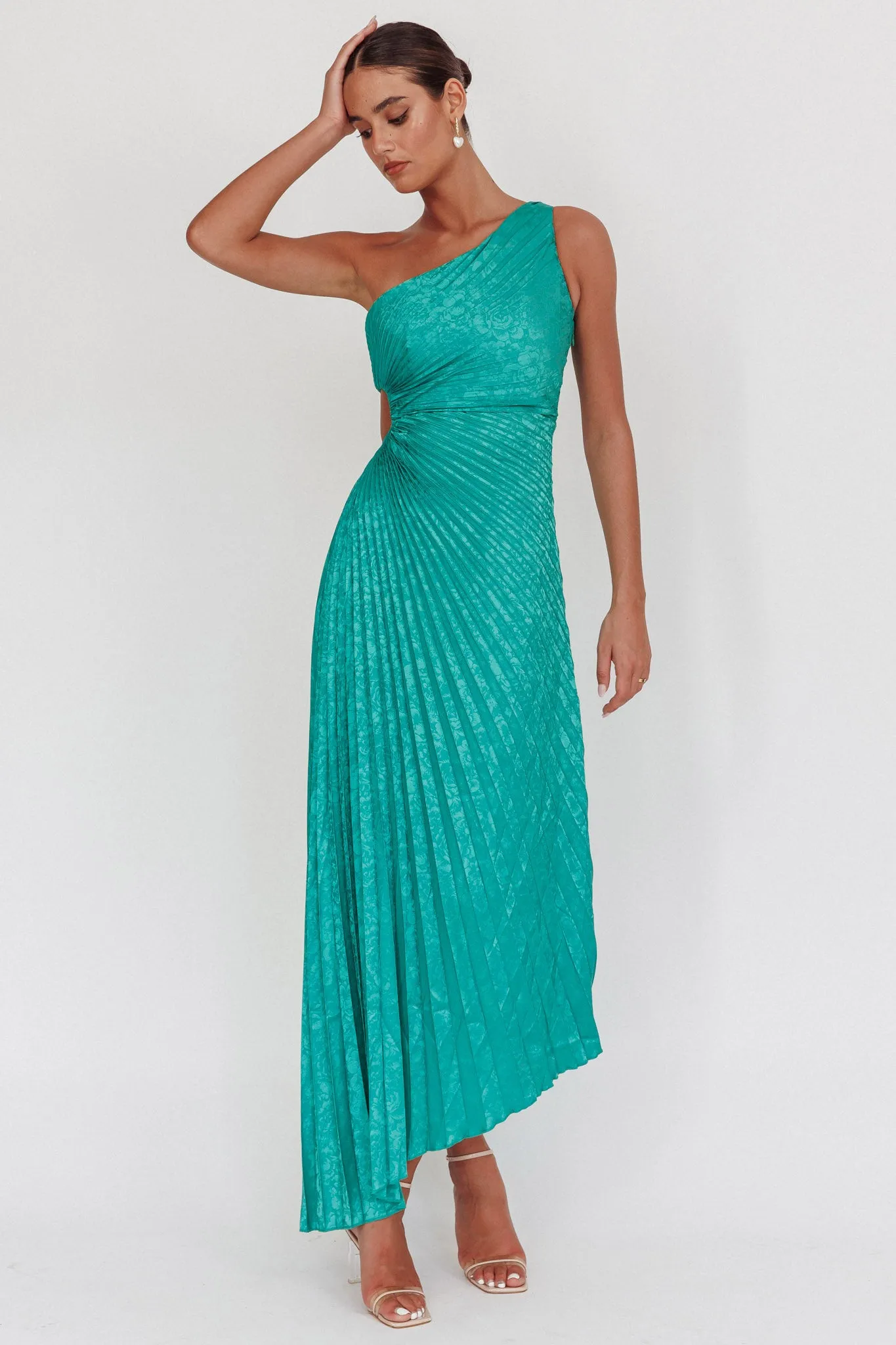 Amelie One-Shoulder Accordion Pleat Maxi Dress Kelly Green sold by Selfie Leslie