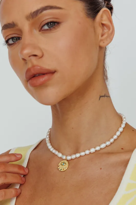 Evil Eye Freshwater Pearl Necklace Gold sold by Selfie Leslie