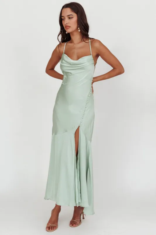 Elpis Cowl Button Satin Maxi Dress Mint sold by Selfie Leslie