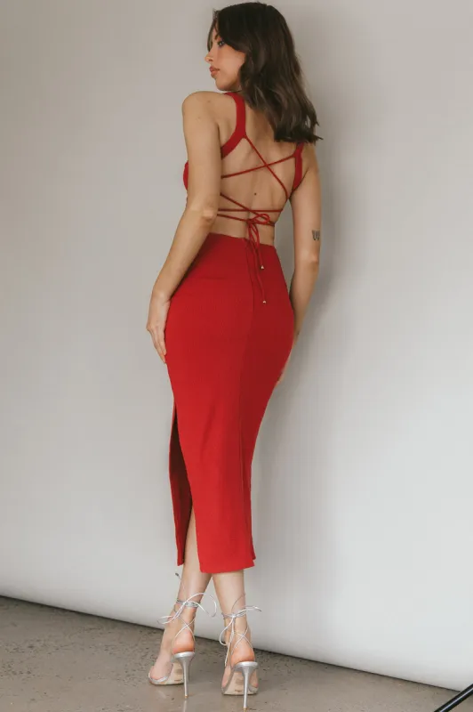 Dream Crush Lace-Up Back Side Split Midi Dress Wine sold by Selfie Leslie