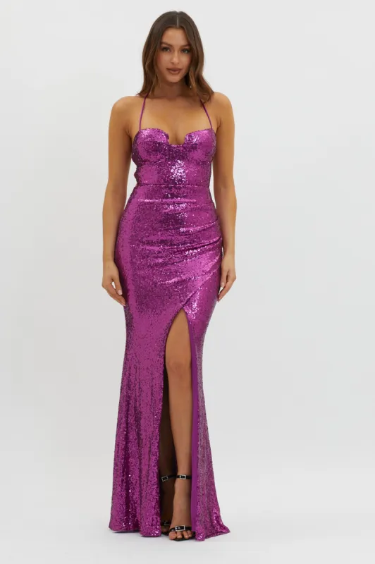 Starry Eyes Lace-Up Back Sequin Maxi Dress Magenta sold by Selfie Leslie