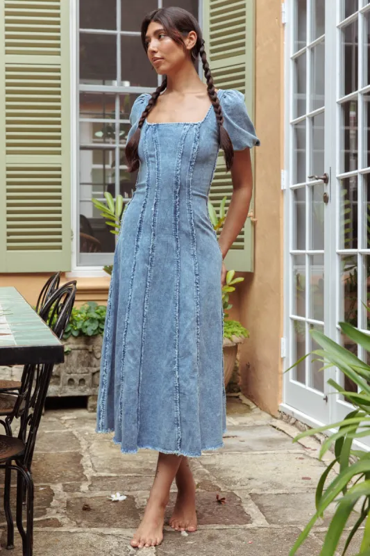 Northern Sky Fringe Puff Sleeve Midi Dress Denim Blue sold by Selfie Leslie
