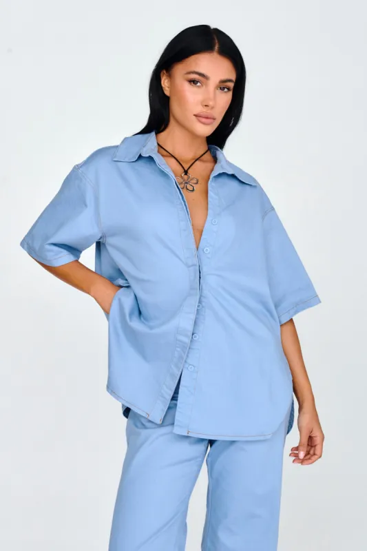 Light Aura Button Up Shirt Denim Blue sold by Selfie Leslie