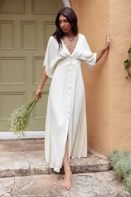 Paradise Found V-Neck Button Maxi Dress Natural sold by Selfie Leslie