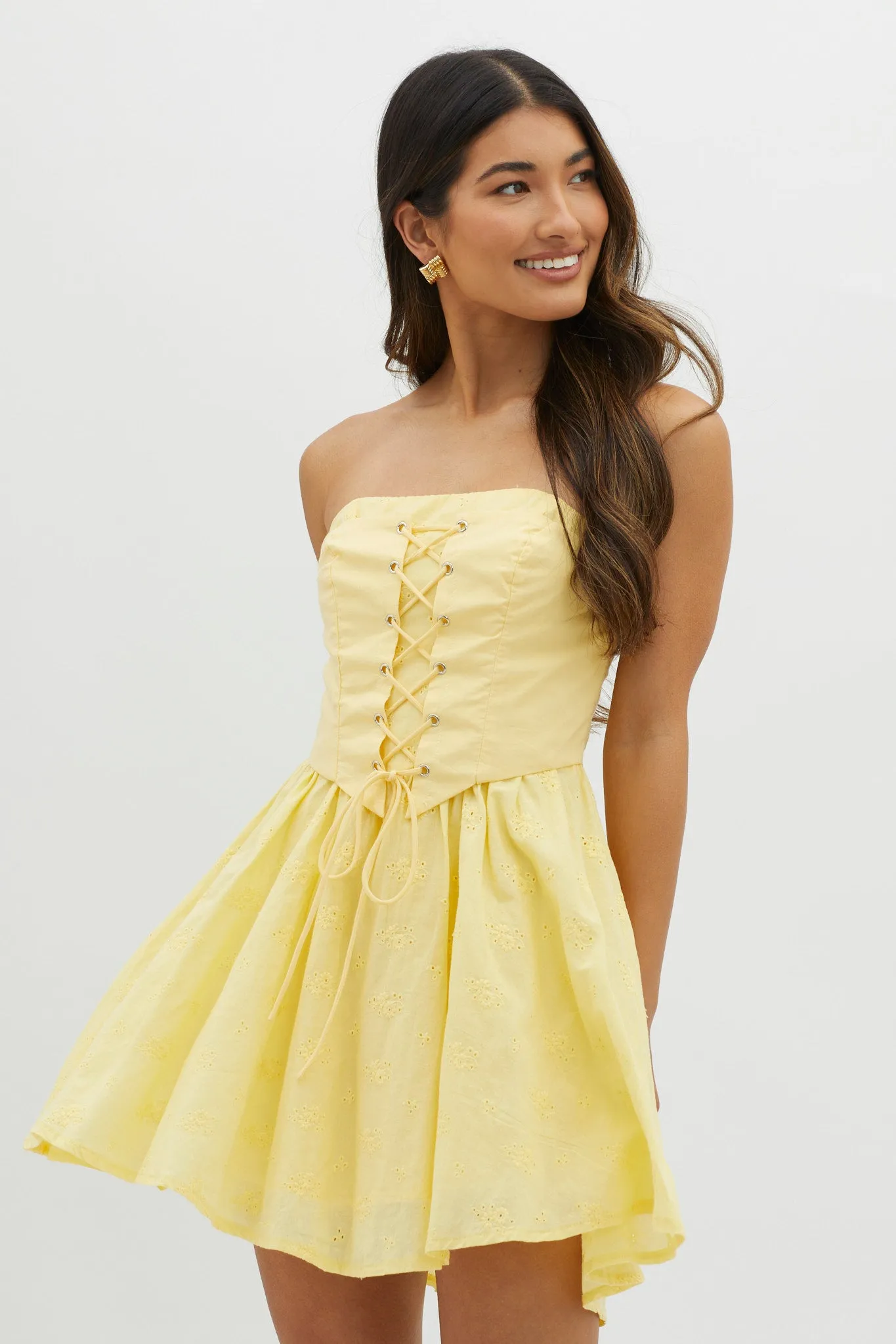 Mon Petit Lace-Up Bodice Mini Dress Yellow sold by Selfie Leslie