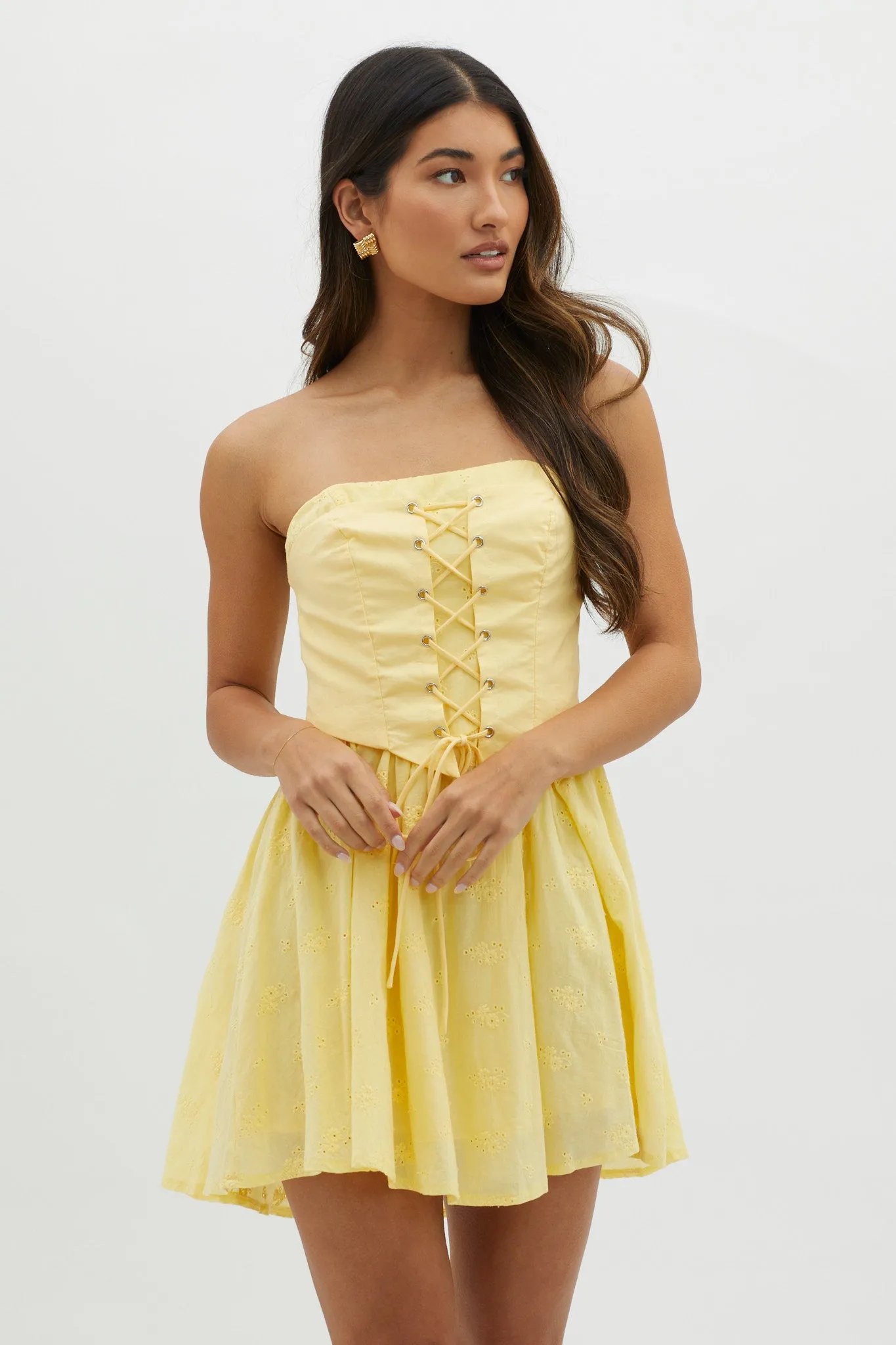 Mon Petit Lace-Up Bodice Mini Dress Yellow sold by Selfie Leslie product image thumbnail 5