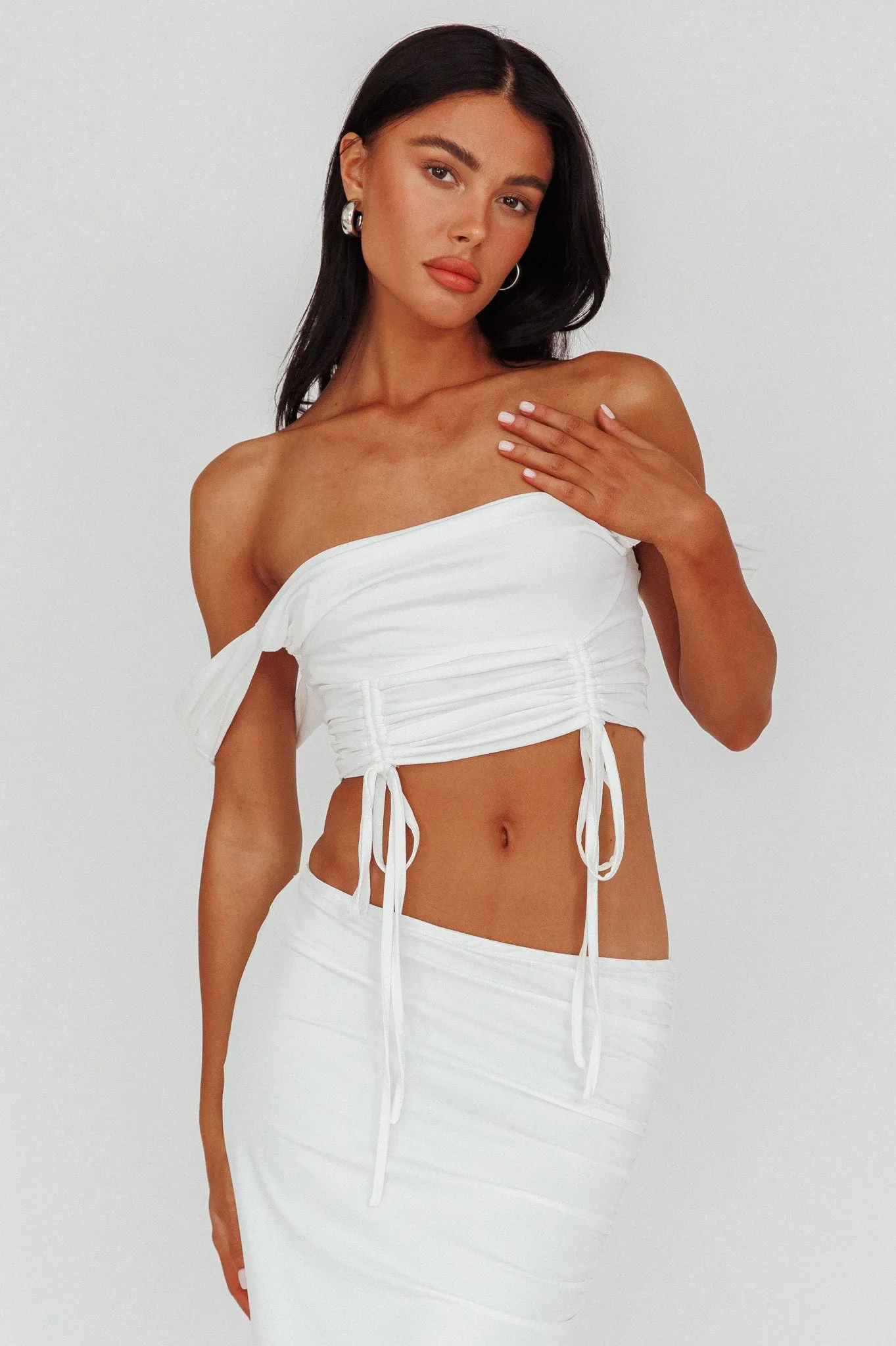Headliner Drawstring Ruched Crop Top White sold by Selfie Leslie
