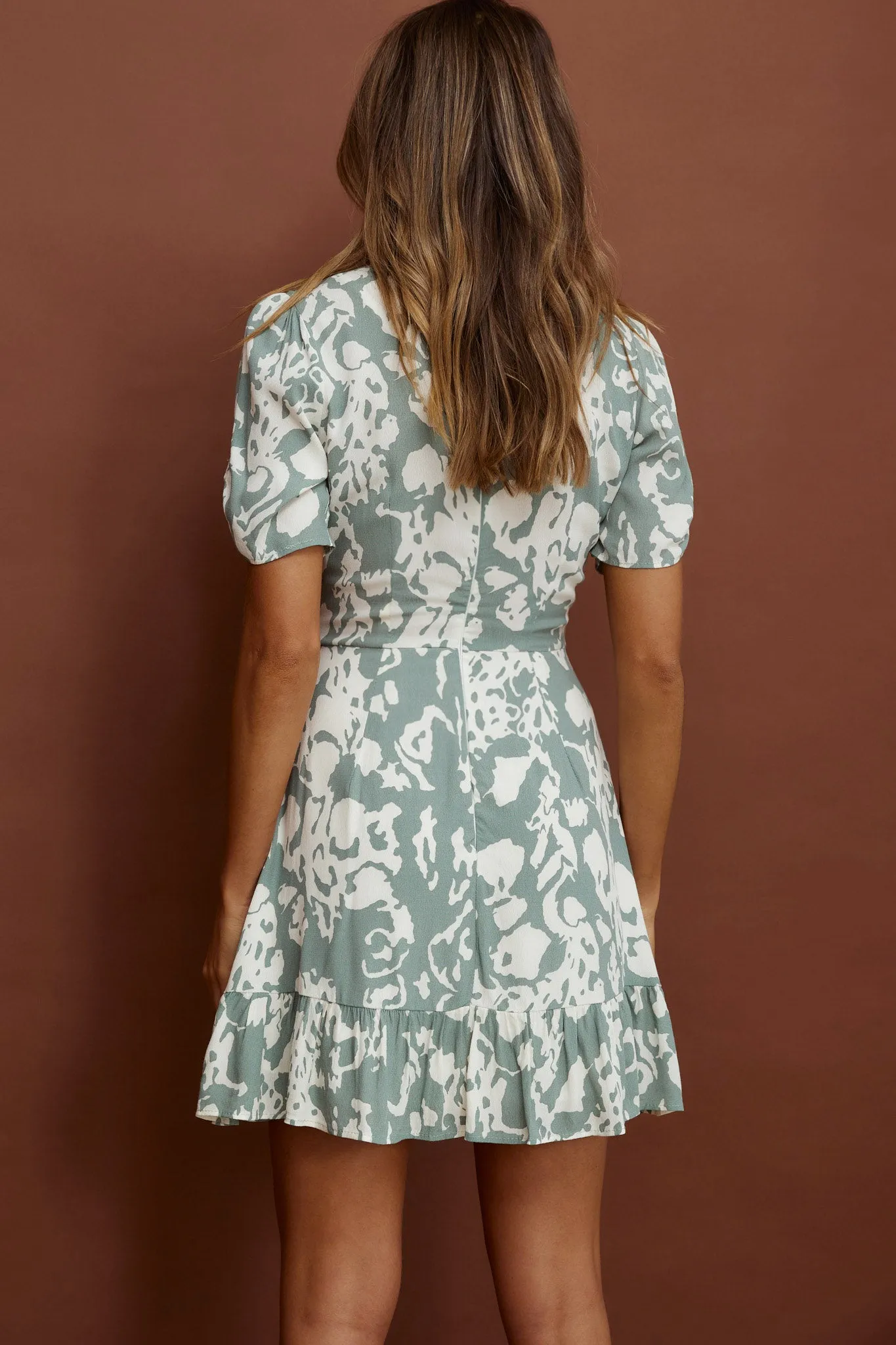 Georgina Ruched Sleeve Tea Dress Stencil Print Sage sold by Selfie Leslie product image thumbnail 3