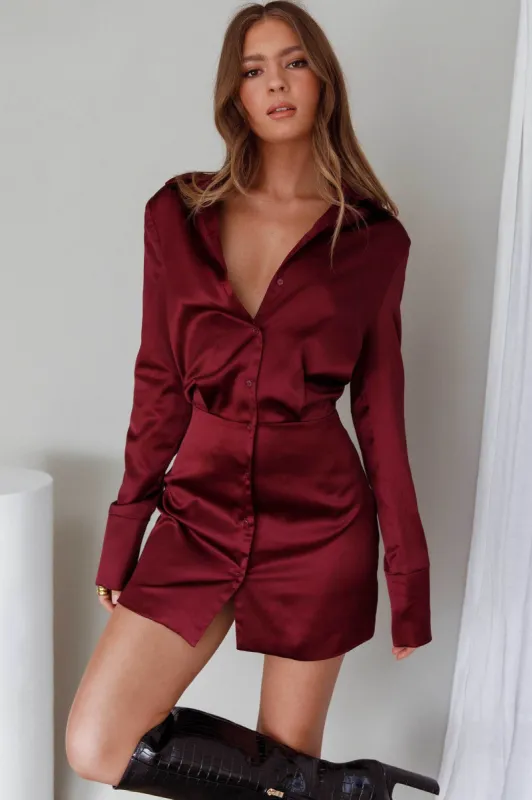 Lisbeth Collared Shirt Dress Burgundy sold by Selfie Leslie