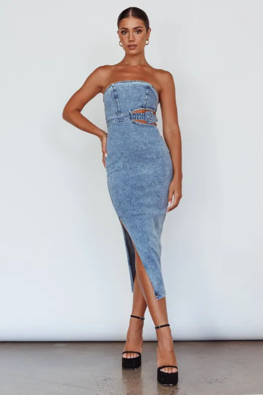 Glisten Cut-Out Buckle Waist Midi Dress Denim Blue sold by Selfie Leslie