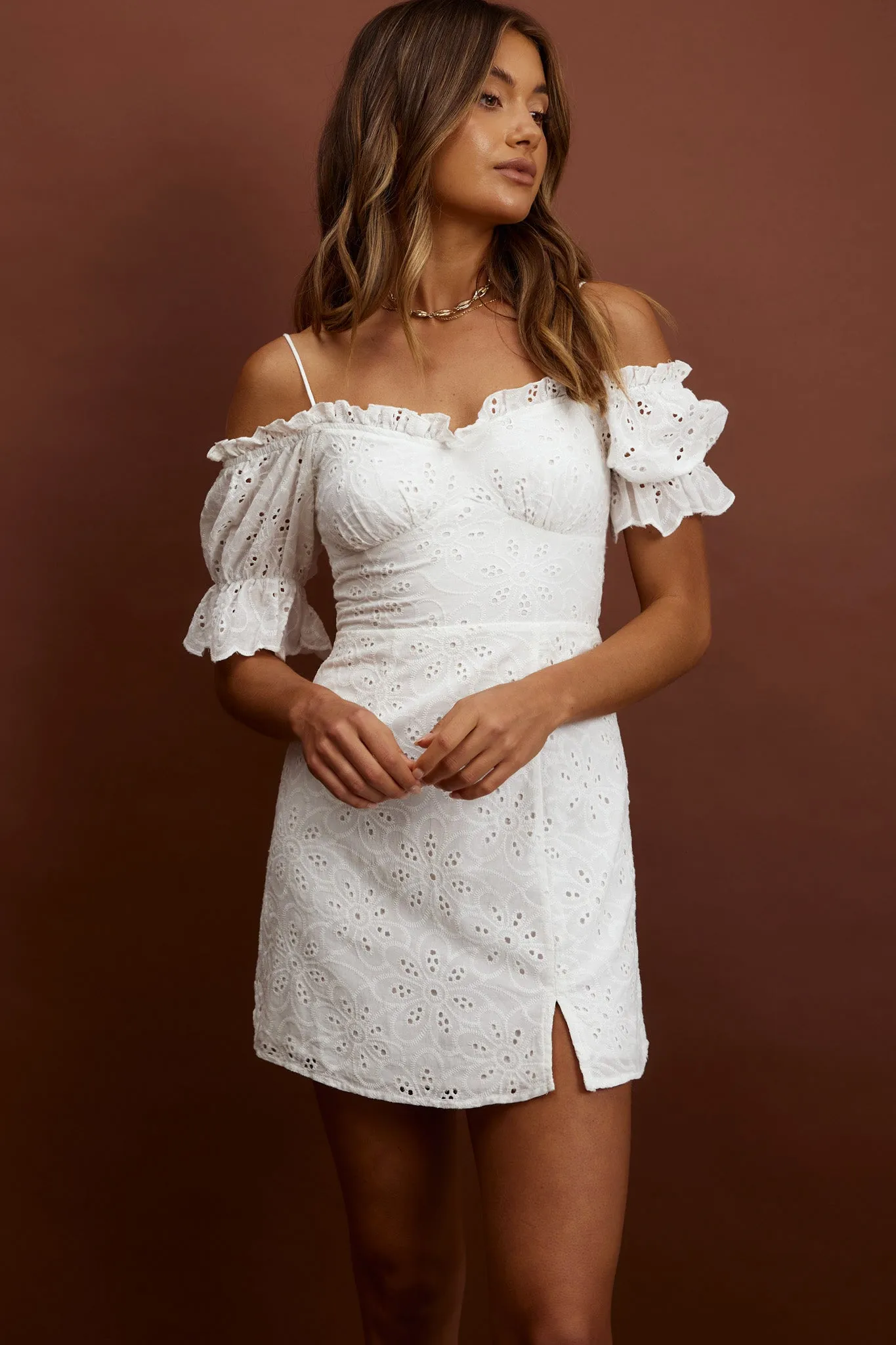 Toluca Puff Sleeve Frill Trim Eyelet Dress White sold by Selfie Leslie product image thumbnail 4