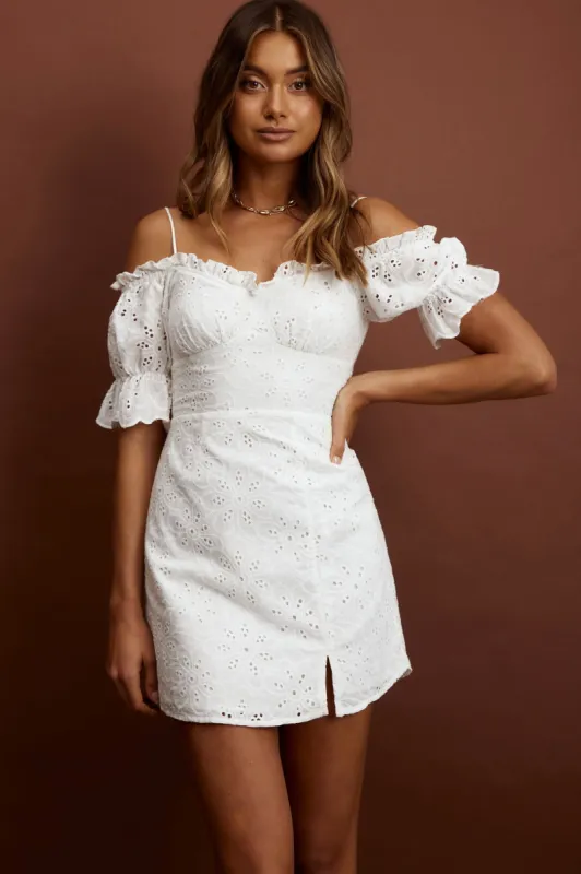 Toluca Puff Sleeve Frill Trim Eyelet Dress White sold by Selfie Leslie