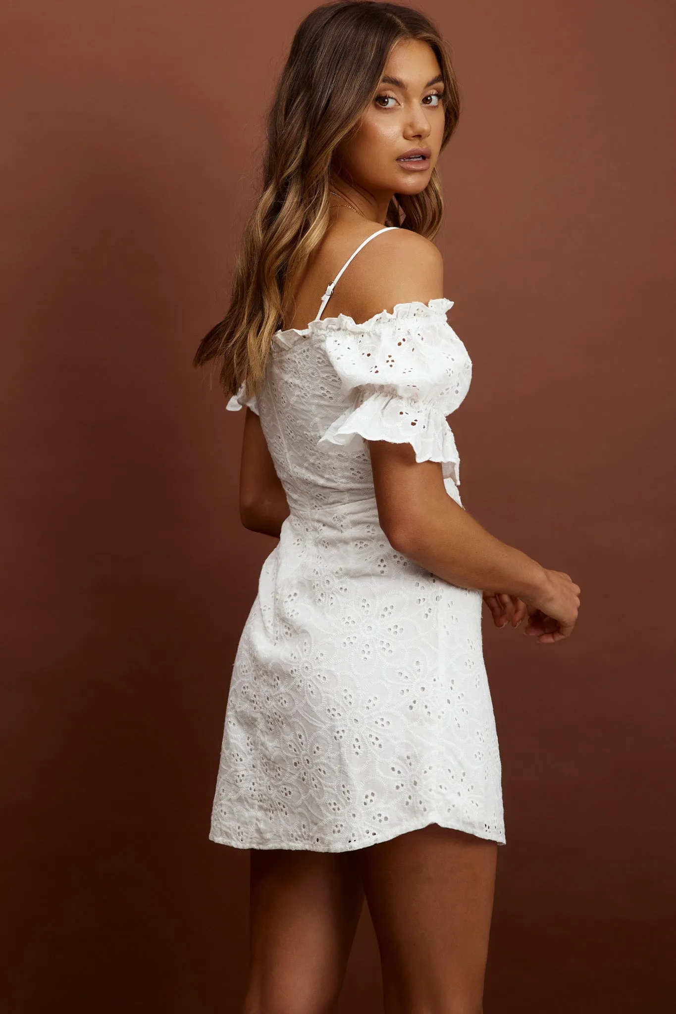 Toluca Puff Sleeve Frill Trim Eyelet Dress White sold by Selfie Leslie product image thumbnail 2