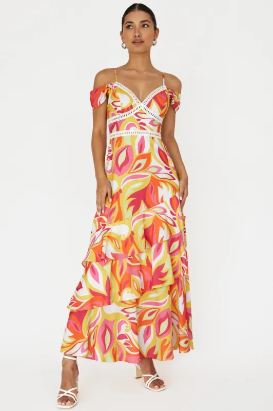 Seina Off-Shoulder Crochet Trim Dress Print Orange sold by Selfie Leslie