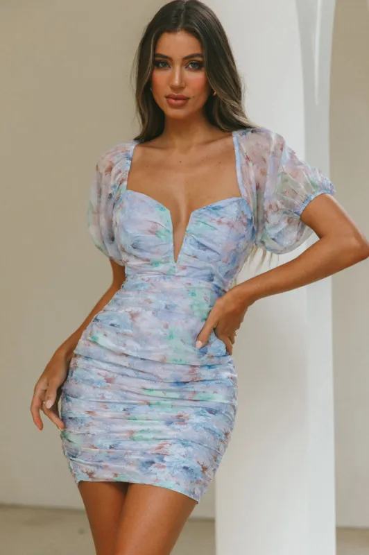 Good Vibes Puff Sleeve Deep V-Neckline Mini Dress Floral Print Blue sold by Selfie Leslie