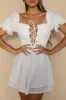 Buongiorno Bella Shirred Lace Up Bodice Mini Dress White sold by Selfie Leslie