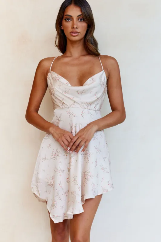 Angel Eyes Cowl Neck Asymmetrical Hem Mini Dress Floral Print Champagne sold by Selfie Leslie