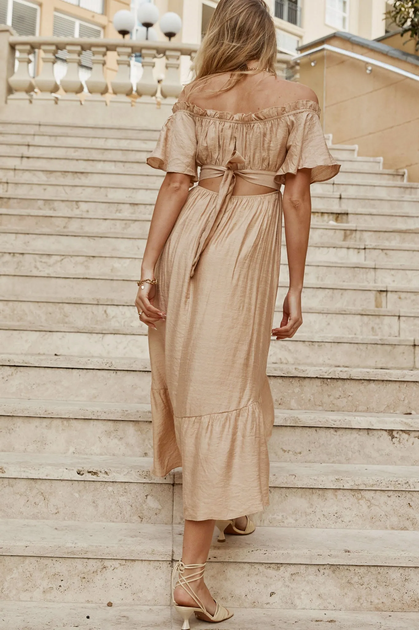 Dandelion Off-Shoulder Tied Back Midi Dress Sand sold by Selfie Leslie product image thumbnail 2