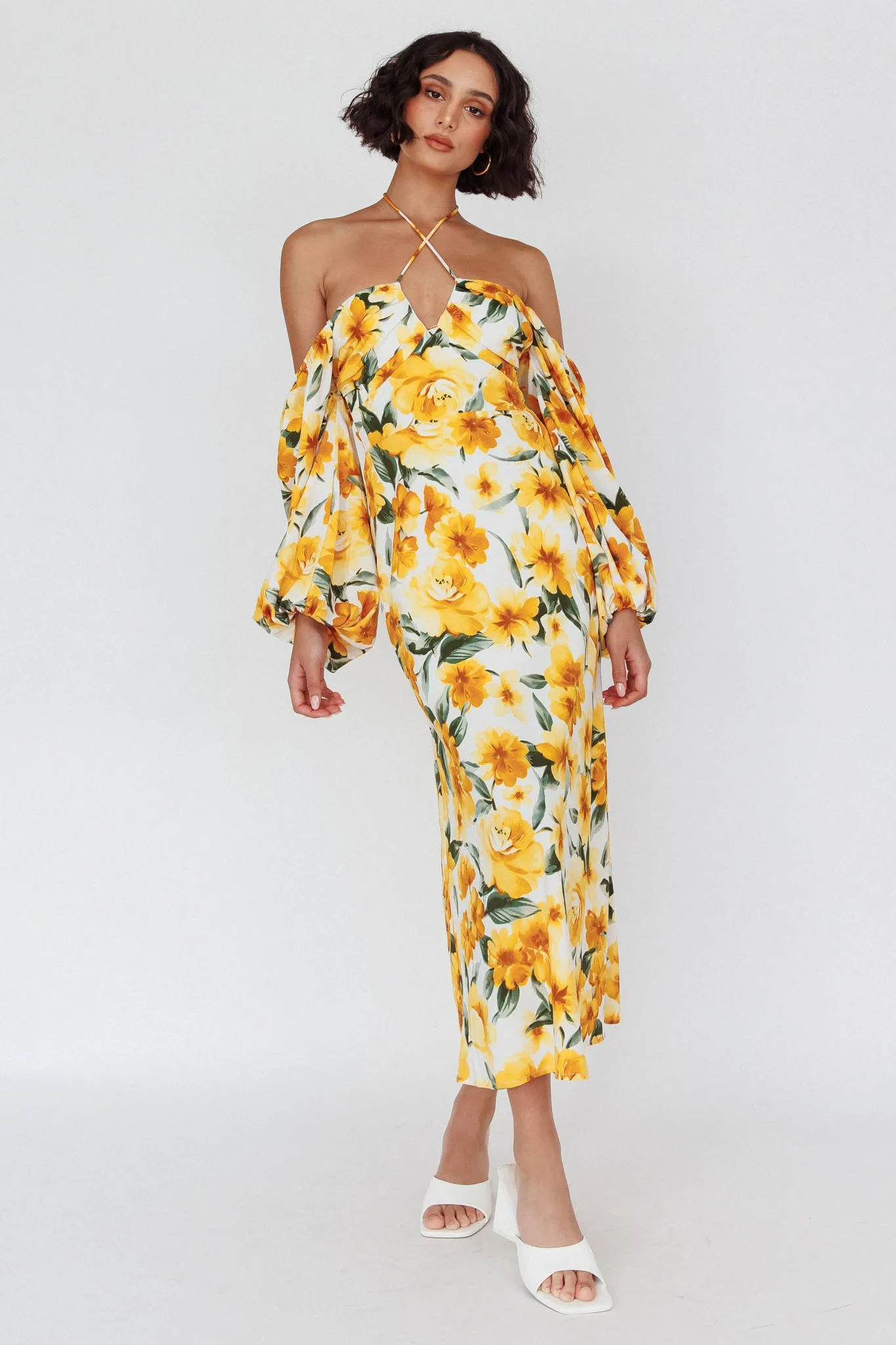 Nyree Long Sleeve Midi Dress Flowers Yellow sold by Selfie Leslie product image thumbnail 3